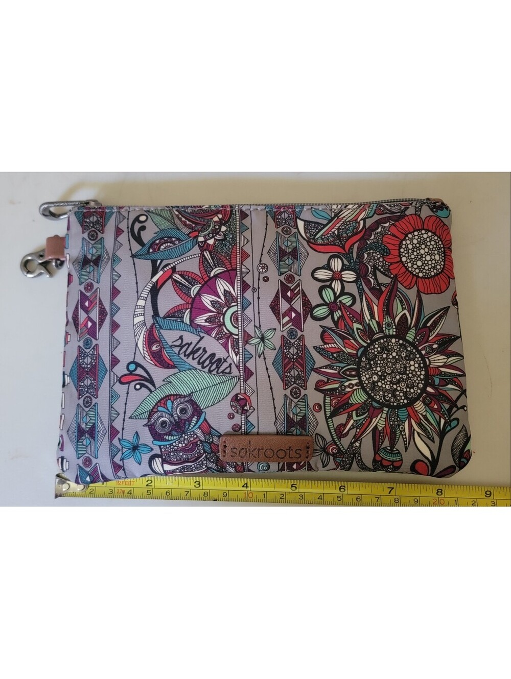 Sakroots Metro Tote Zip Pouch Floral Owl Boho Print Multicolor 9x6